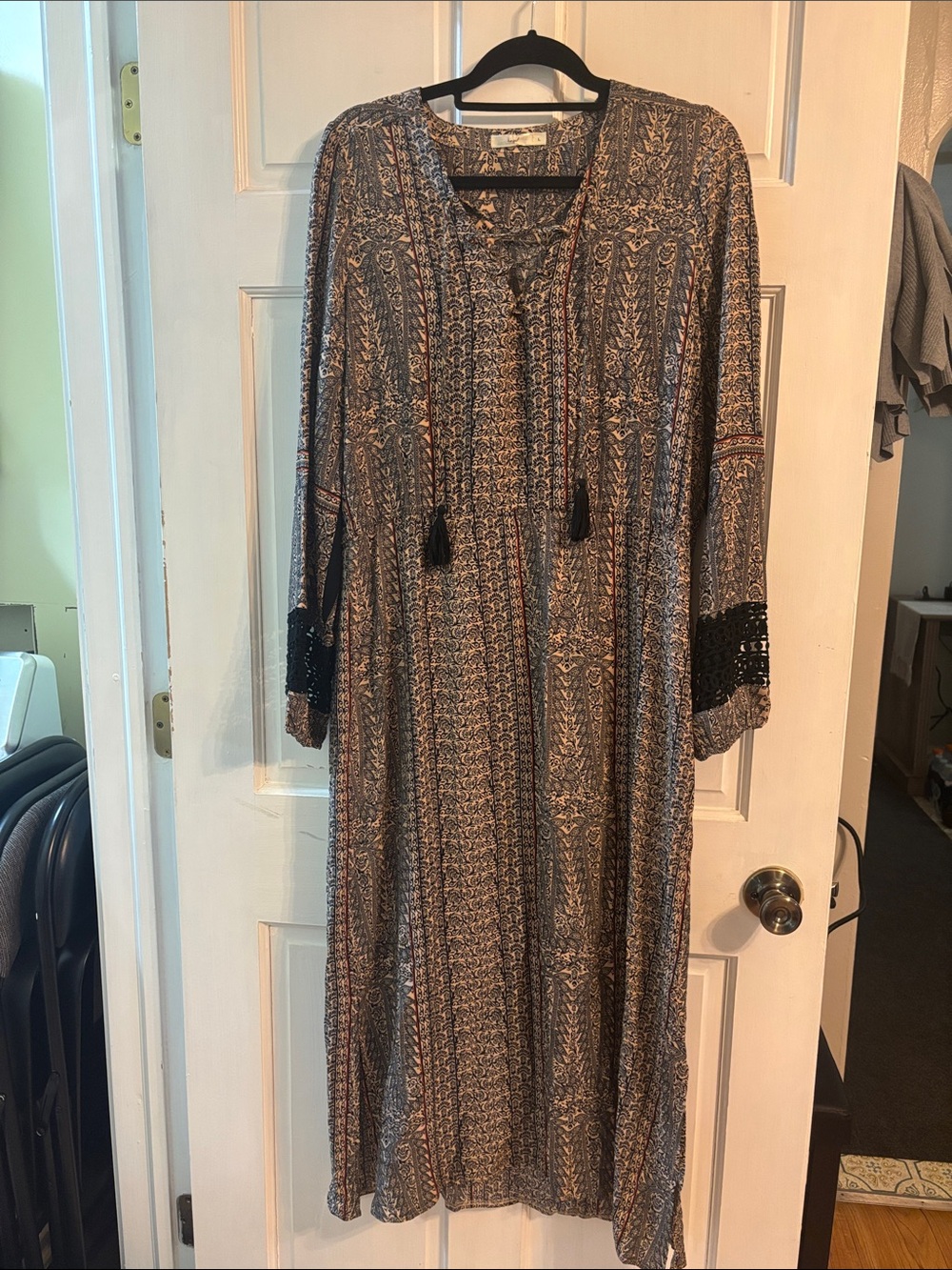 Hazel Bohemian Long Sleeve Tassel Maxi Dress - Black/Beige